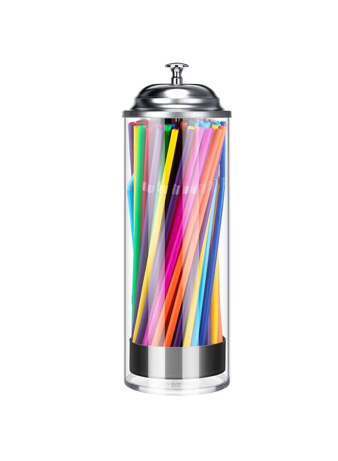 Plastic Straw Dispenser, 10.6" Acrylic Plastic Straw Dispenser for Counter with Lid, Straw Holder for Standard Size Drinking Straws(Silver) - Image 1