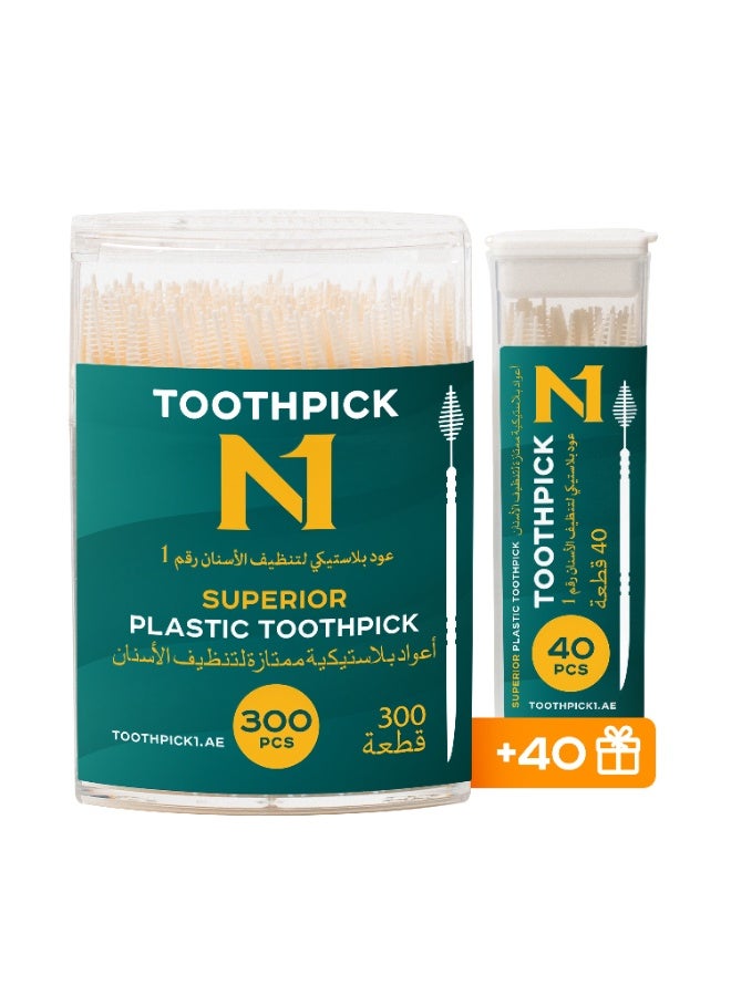 N1 Toothpick Interdental Cleaning Picks 300+40 Pcs, 2-in-1 Dental Toothpick with Plyalene Bristles, Flexible Oral Care Sticks for Plaque & Food Removal, Gentle on Gums, for Braces & Dentures - Image 1