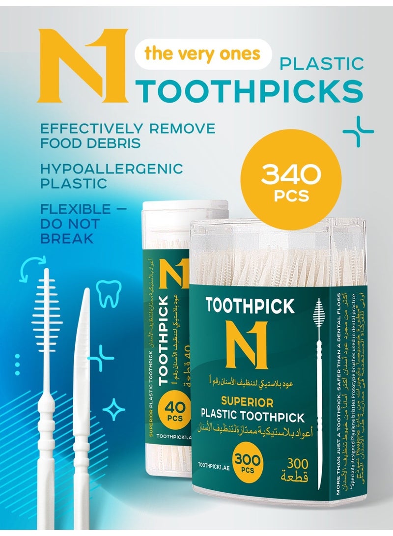 N1 Toothpick Interdental Cleaning Picks 300+40 Pcs, 2-in-1 Dental Toothpick with Plyalene Bristles, Flexible Oral Care Sticks for Plaque & Food Removal, Gentle on Gums, for Braces & Dentures - Image 1