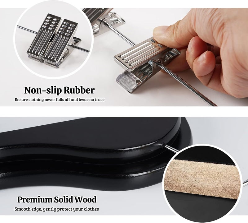 HOUISM HOUSM Wooden Suit & Skirt Hangers with Heavy-Duty Clips, Premium Solid Wood Pants Hangers, Smooth Finish - Black, 16Pack for Coats, Jeans, Blouses - Image 3