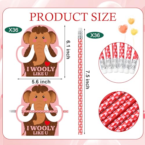 Dunzoom 36 Sets Wooly Mammoth Valentines Day Cards Exchange Gifts for Kids 36 Heart Pencils with Erasers I Wooly Like You Valentine Cards Pencils for School Classroom Prize Gifts Party Favors - Image 5