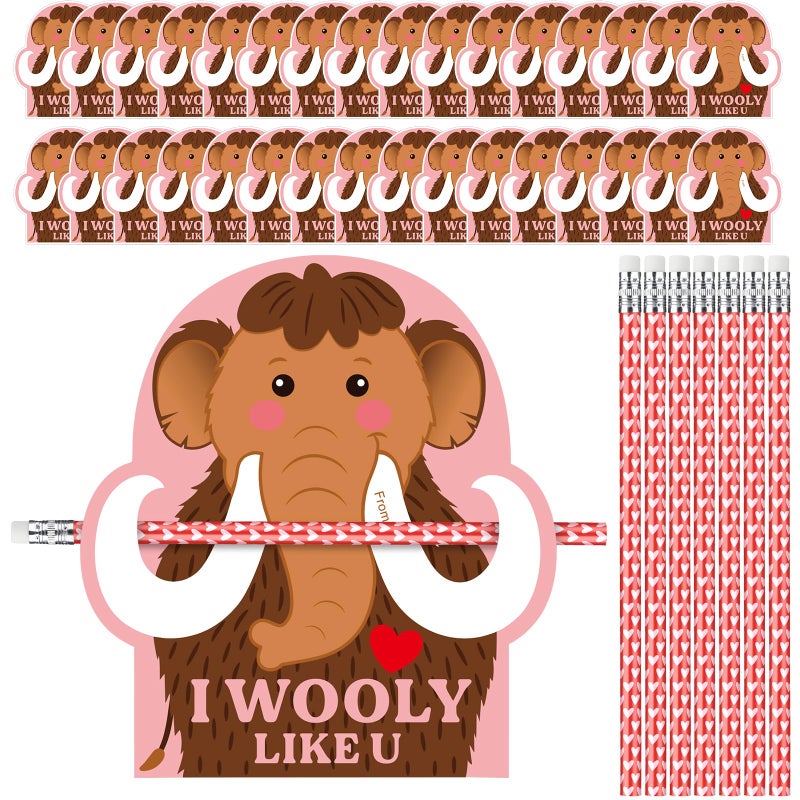 Dunzoom 36 Sets Wooly Mammoth Valentines Day Cards Exchange Gifts for Kids 36 Heart Pencils with Erasers I Wooly Like You Valentine Cards Pencils for School Classroom Prize Gifts Party Favors - Image 3