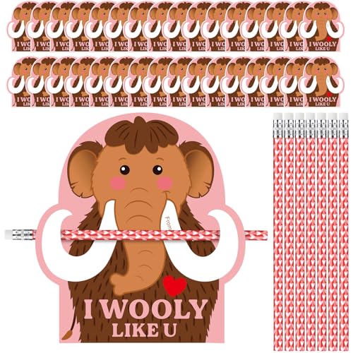 Dunzoom 36 Sets Wooly Mammoth Valentines Day Cards Exchange Gifts for Kids 36 Heart Pencils with Erasers I Wooly Like You Valentine Cards Pencils for School Classroom Prize Gifts Party Favors - Image 1