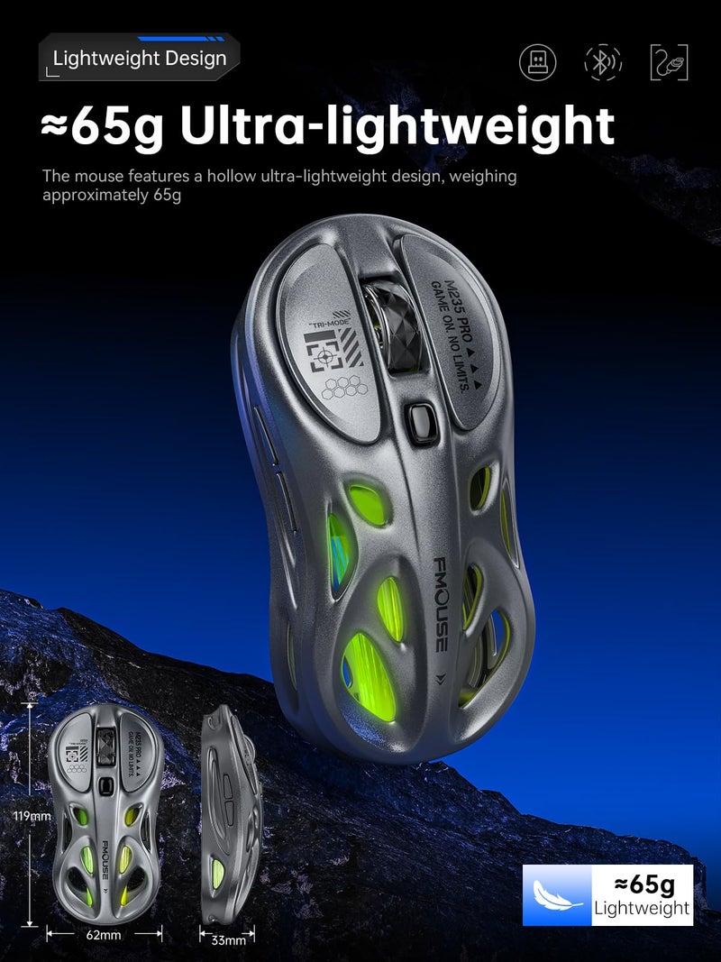 FMOUSE Gaming Wireless Mouse, Tri-Mode (2.4G/Bluetooth/Wired), 4800 DPI, 1000Hz Ergonomic Hollow RGB Rechargeable Type-C for Mac/Laptop/iPad/Office - Gray - Image 3