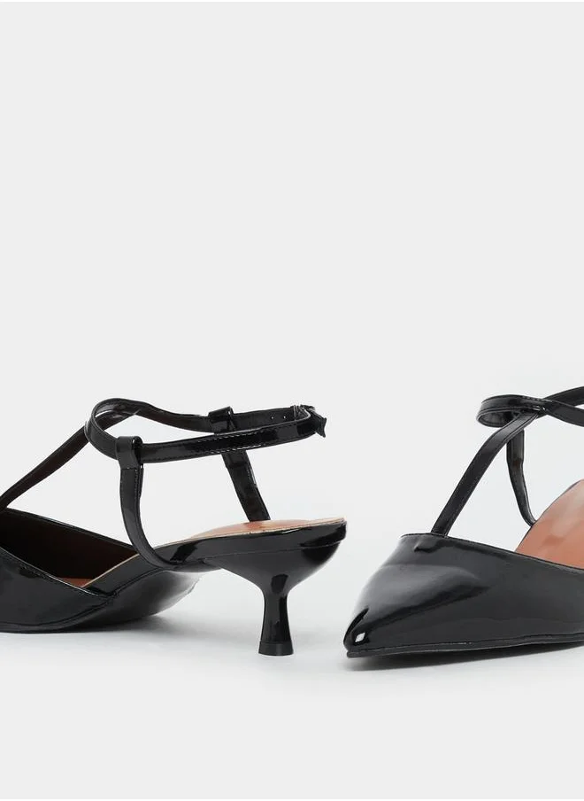 Styli Pointed Toe Ankle Strap Kitten Heel Shoes