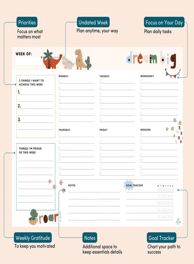 Nook Theory 8.5" x11" Weekly Task Planner Pad Tear Off - 52 Pages Undated To Do List Notepad, Full Year Productivity Planning Pad for Study and Work Desk (Dino) - Image 2