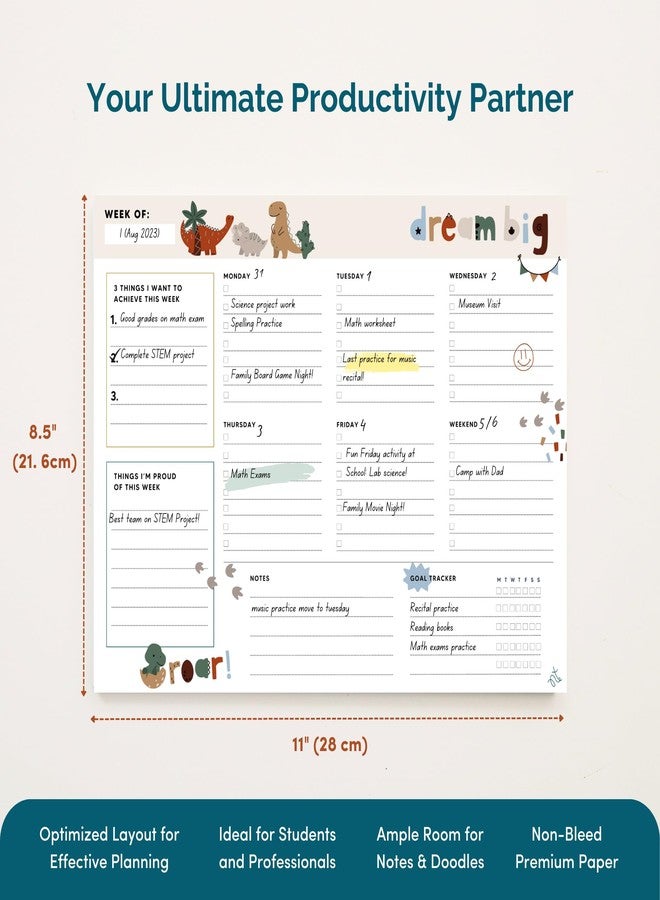 Nook Theory 8.5" x11" Weekly Task Planner Pad Tear Off - 52 Pages Undated To Do List Notepad, Full Year Productivity Planning Pad for Study and Work Desk (Dino) - Image 3