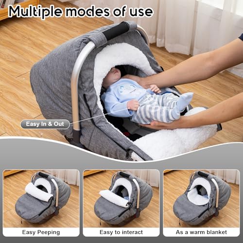 Kaseeous Winter Carseat Cover Sherpa Fleece Baby Car Seat Cover for Cold Weather Warm Snug Infant Car Seat Canopy for Boys Girls Universal Newborn Carrier Covers Protect Baby from Snow Wind - Image 3