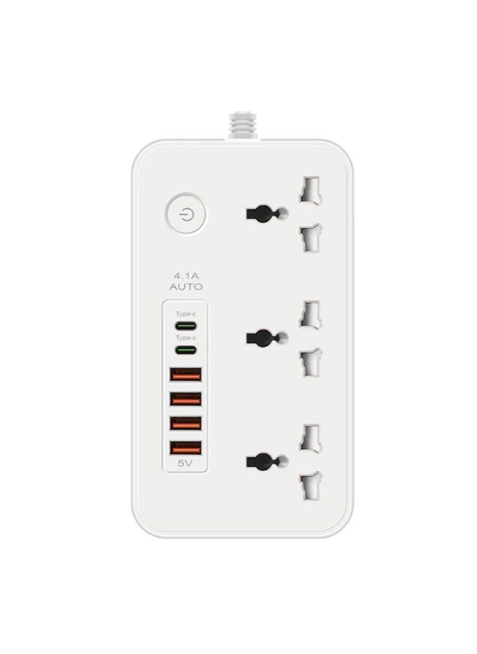 COMFET - COMFET 9 in 1 Universal Power Strip Extension Cord with USB C 2 Slots,3 Wide Universal Sockets and 4 USB Ports, 110-240v, UK Plug 3 Pin Power Socket 2500w, 3 meter cable, International Plug. (WHITE) - Image 1