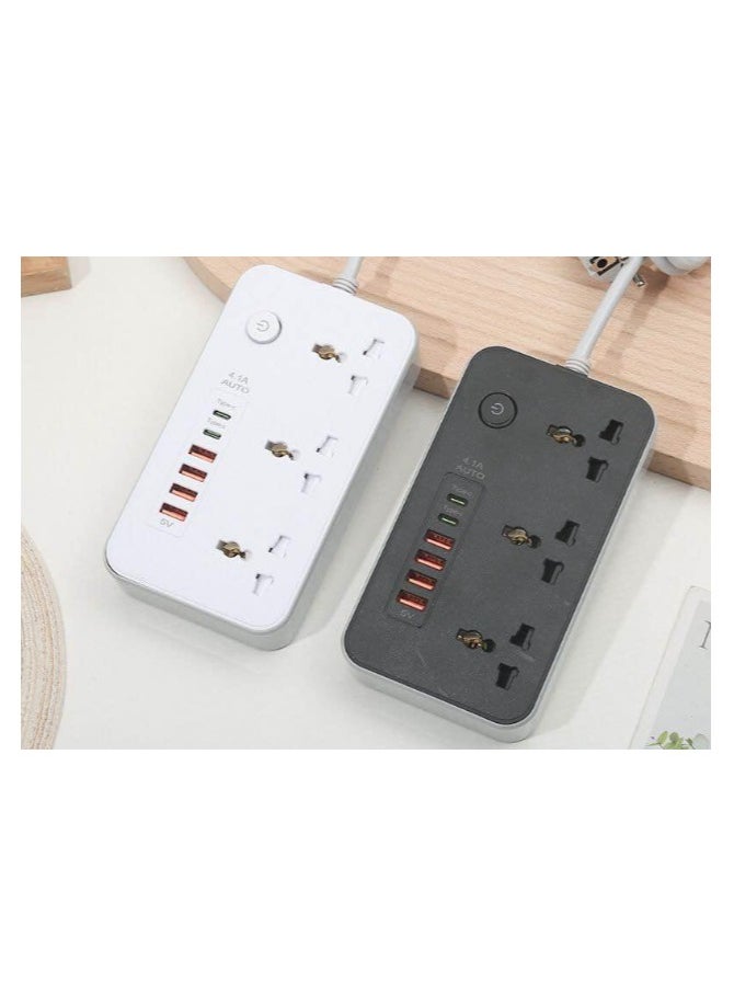COMFET - COMFET 9 in 1 Universal Power Strip Extension Cord with USB C 2 Slots,3 Wide Universal Sockets and 4 USB Ports, 110-240v, UK Plug 3 Pin Power Socket 2500w, 3 meter cable, International Plug. (WHITE) - Image 1