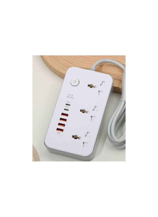 COMFET - COMFET 9 in 1 Universal Power Strip Extension Cord with USB C 2 Slots,3 Wide Universal Sockets and 4 USB Ports, 110-240v, UK Plug 3 Pin Power Socket 2500w, 3 meter cable, International Plug. (WHITE) - Image 1