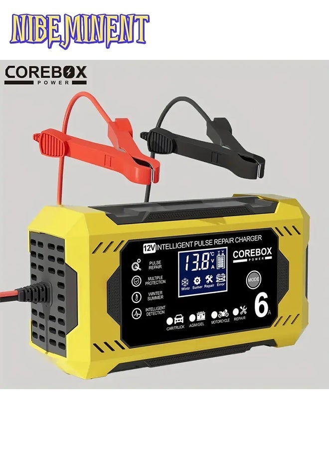 NIBEMINENT 12V 6A Smart Battery Charger with LCD Display, 12V 6A Fast/Trickle Charger, Overcharge/Overheat/Short Circuit/Reverse Polarity, Automatic Switch Mode, Microprocessor Controlled, Compatible with AGM/GEL/SLA/Wet/EFB, 4-100Ah Capacity, UK Plug (110-240V) for , Truck, Motorcycle, Lawn Mower, Marine, RV, Boat, Solar Systems - Heavy-Duty Battery Charger, Car Charger, Smart Charger - Image 1