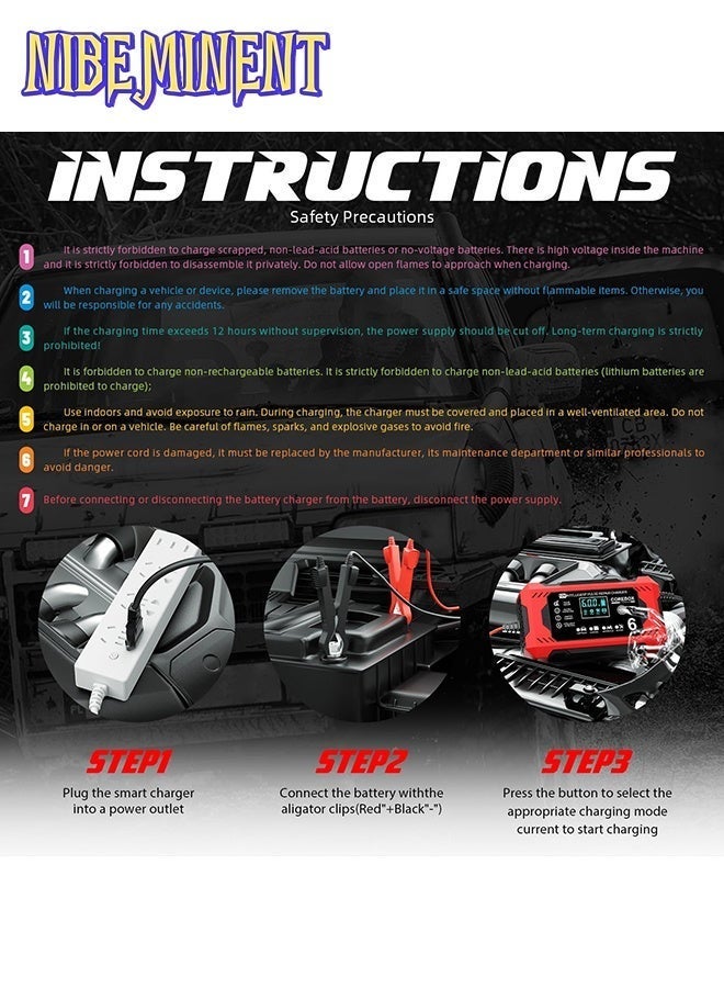 NIBEMINENT 12V 6A Smart Battery Charger with LCD Display, 12V 6A Fast/Trickle Charger, Overcharge/Overheat/Short Circuit/Reverse Polarity, Automatic Switch Mode, Microprocessor Controlled, Compatible with AGM/GEL/SLA/Wet/EFB, 4-100Ah Capacity, UK Plug (110-240V) for , Truck, Motorcycle, Lawn Mower, Marine, RV, Boat, Solar Systems - Heavy-Duty Battery Charger, Car Charger, Smart Charger - Image 5