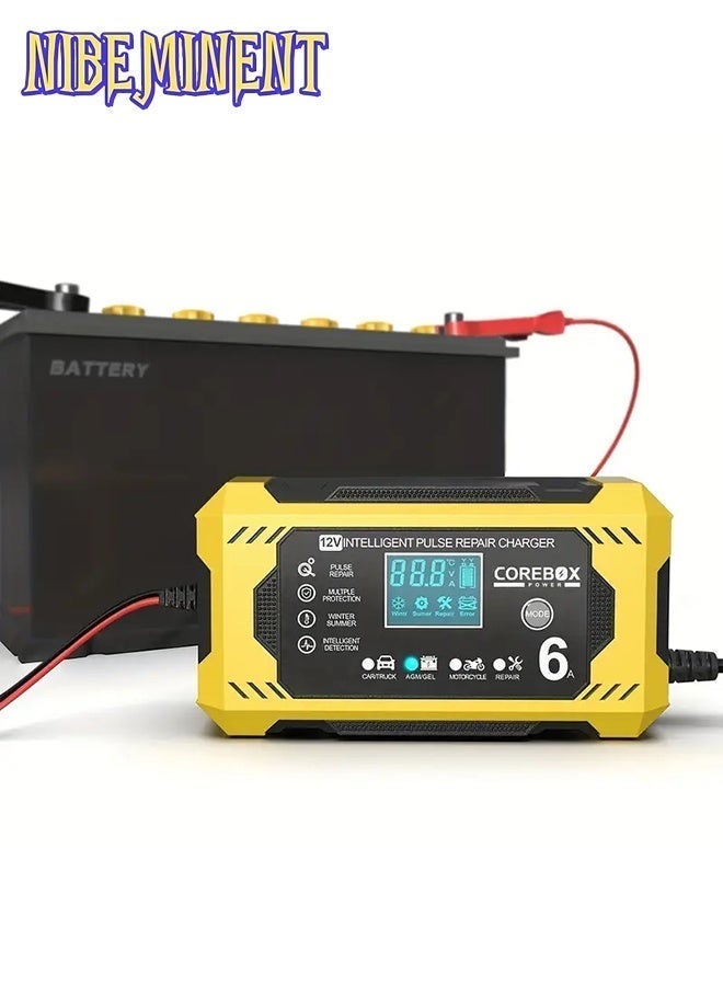 NIBEMINENT 12V 6A Smart Battery Charger with LCD Display, 12V 6A Fast/Trickle Charger, Overcharge/Overheat/Short Circuit/Reverse Polarity, Automatic Switch Mode, Microprocessor Controlled, Compatible with AGM/GEL/SLA/Wet/EFB, 4-100Ah Capacity, UK Plug (110-240V) for , Truck, Motorcycle, Lawn Mower, Marine, RV, Boat, Solar Systems - Heavy-Duty Battery Charger, Car Charger, Smart Charger - Image 2