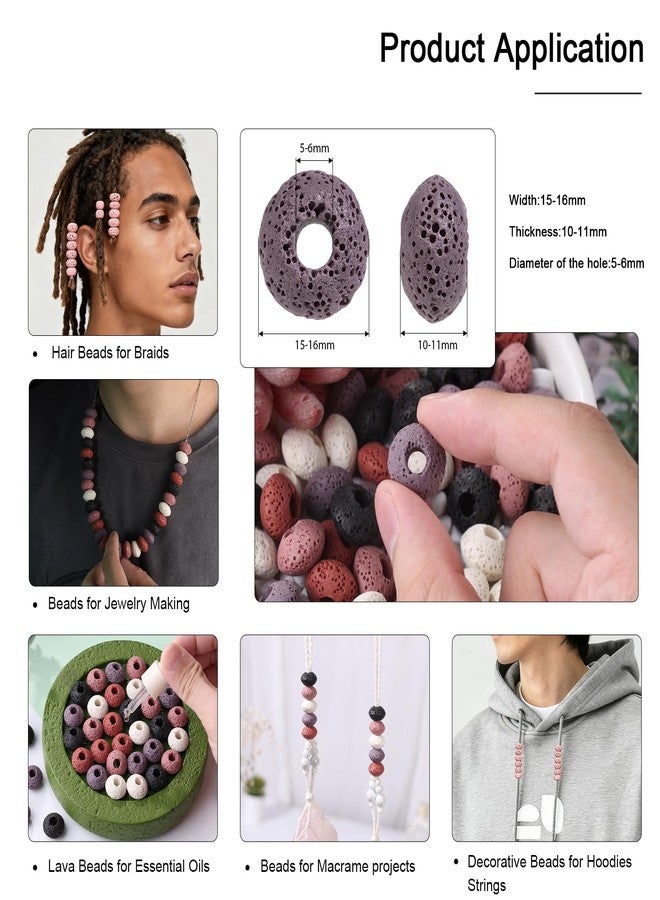 mookaitedecor 50Pcs Mixed Color Lava Rock Large Hole Beads Stone Rondelle Loose Beads for Jewelry Making, Bracelet, Macrame Projects, DIY Crafts, 15x10 mm - Image 2