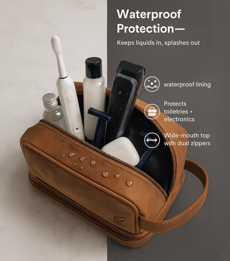 Rustic Town Genuine Leather Travel Cosmetic Bag - Hygiene Organizer Dopp Kit By Rustic Town (Brown) - Image 5