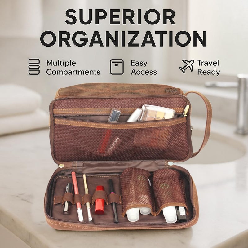 Rustic Town Genuine Leather Travel Cosmetic Bag - Hygiene Organizer Dopp Kit By Rustic Town (Brown) - Image 4