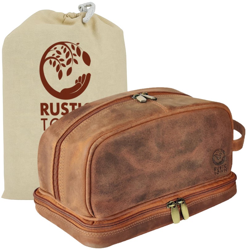 Rustic Town Genuine Leather Travel Cosmetic Bag - Hygiene Organizer Dopp Kit By Rustic Town (Brown) - Image 1