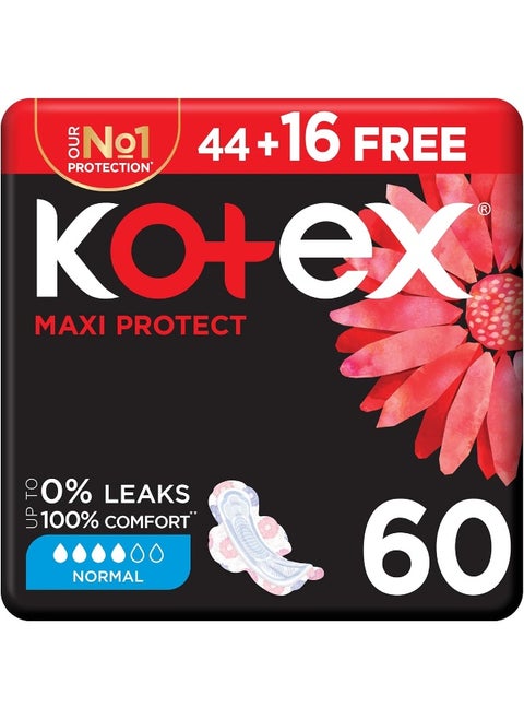 Kotex Maxi Protect Thick Pads, Normal Size Sanitary Pads with Wings, 60