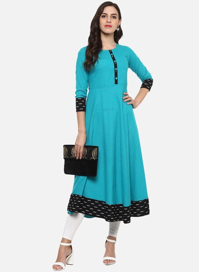 Yash Gallery Women's Cotton Printed Anarkali Regular Fit Kurta For Women (264YK346TEAL_Teal Blue_Large) - Image 3
