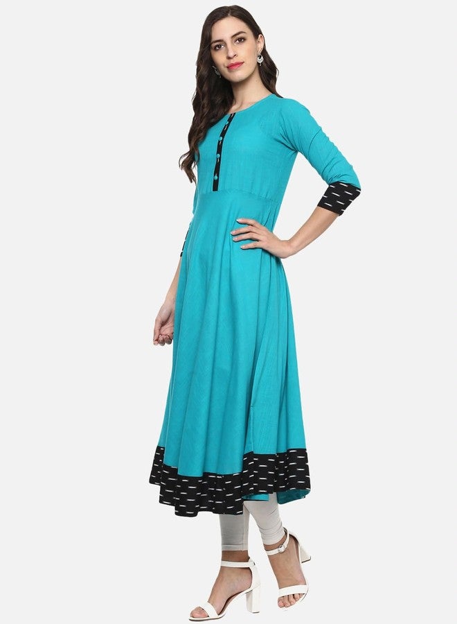 Yash Gallery Women's Cotton Printed Anarkali Regular Fit Kurta For Women (264YK346TEAL_Teal Blue_Large) - Image 2