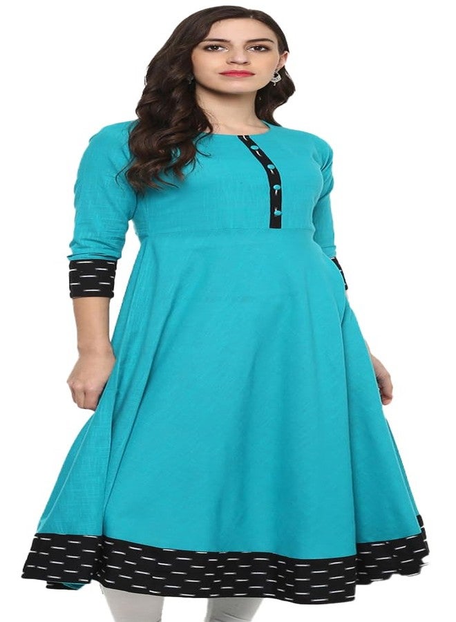 Yash Gallery Women's Cotton Printed Anarkali Regular Fit Kurta For Women (264YK346TEAL_Teal Blue_Large) - Image 1