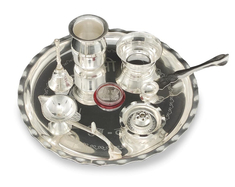 BENGALEN Silver Plated Pooja Thali Set 9.5 Inch Plate with Bowl Lotti Ghanti Palli Coin Diya Dhup Dan for Puja Diwali Home Decor Temple Office Wedding Return Gift Items - Image 1