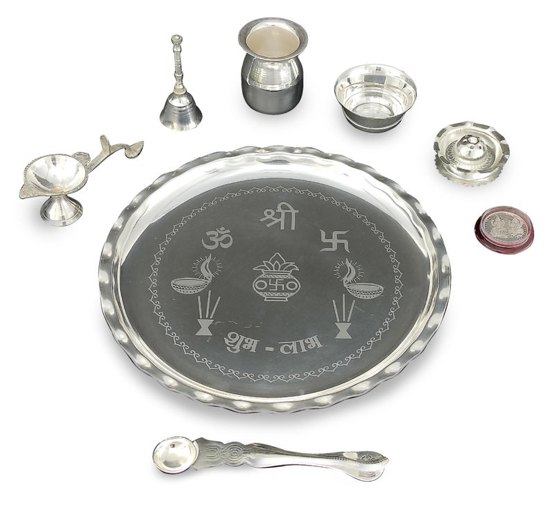 BENGALEN Silver Plated Pooja Thali Set 9.5 Inch Plate with Bowl Lotti Ghanti Palli Coin Diya Dhup Dan for Puja Diwali Home Decor Temple Office Wedding Return Gift Items - Image 2