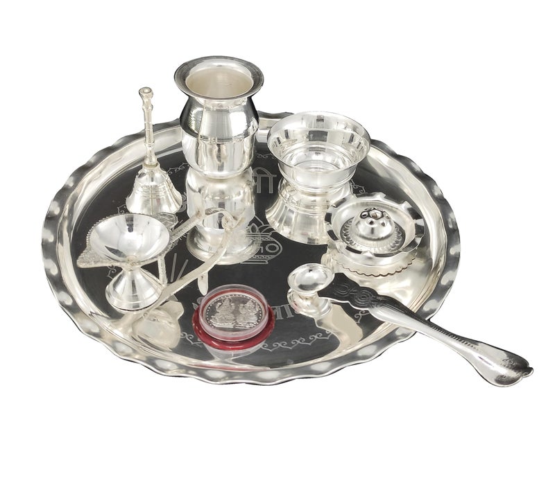 BENGALEN Silver Plated Pooja Thali Set 9.5 Inch Plate with Bowl Lotti Ghanti Palli Coin Diya Dhup Dan for Puja Diwali Home Decor Temple Office Wedding Return Gift Items - Image 4