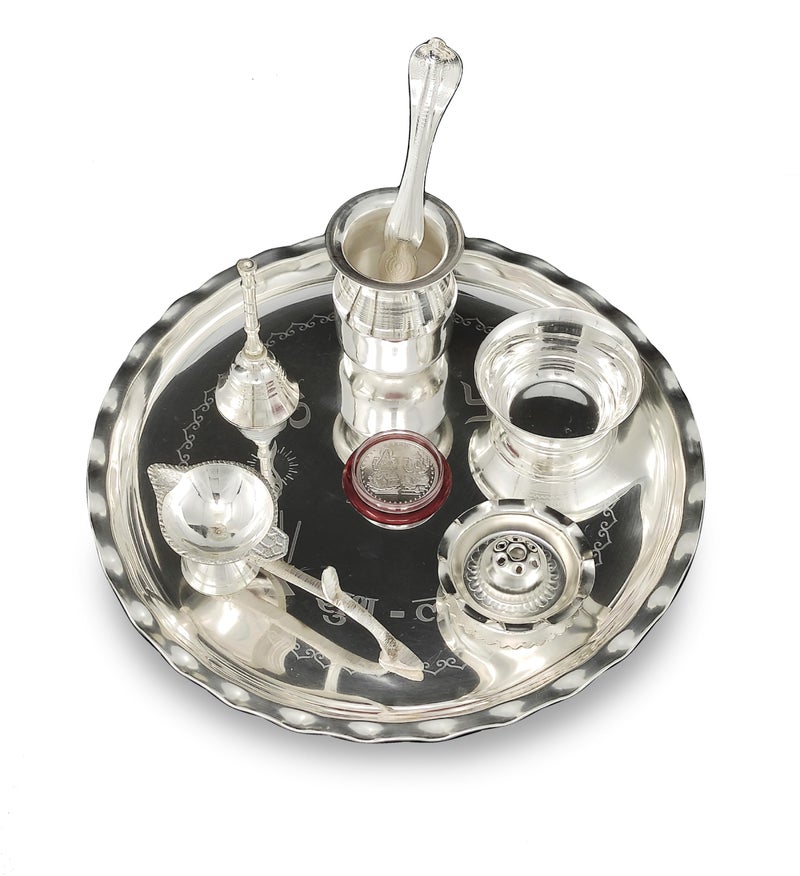 BENGALEN Silver Plated Pooja Thali Set 9.5 Inch Plate with Bowl Lotti Ghanti Palli Coin Diya Dhup Dan for Puja Diwali Home Decor Temple Office Wedding Return Gift Items - Image 3