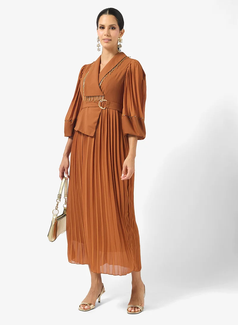Khizana Pleated Dress With Embellished Fringed Collar