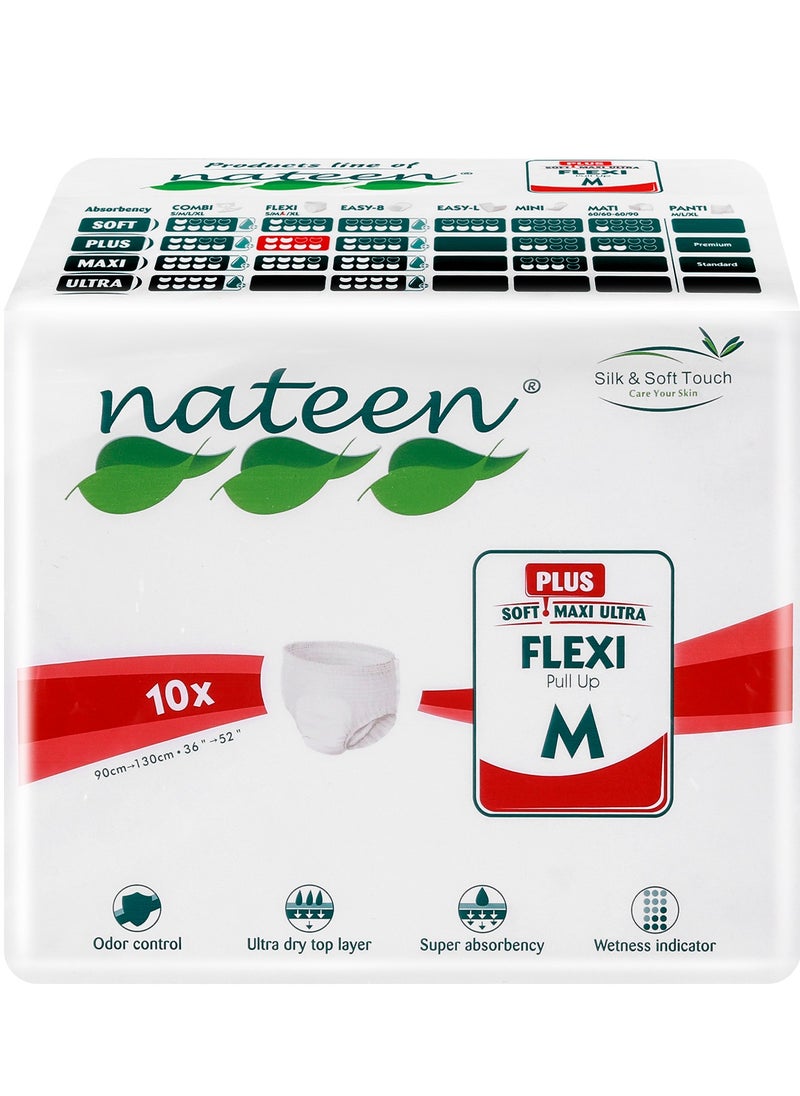 nateen سروال حفاضات Nateen Flexi Plus للبالغين، سحب لأعلى، متوسط، مقاس الخصر 90-130 سم، 10 قطع سحب للكبار، راحة فائقة، مزيج ممتاز من الحماية.  - Image 1