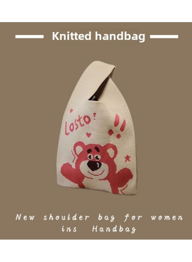 South Korea Ins Knitted Bag Girl's Vesel Bag Small Square Bag Year Knitted Bag Hand Bag Knitted Bag Crossbody-Color:Handbag Stamp Bear-beige - Image 1