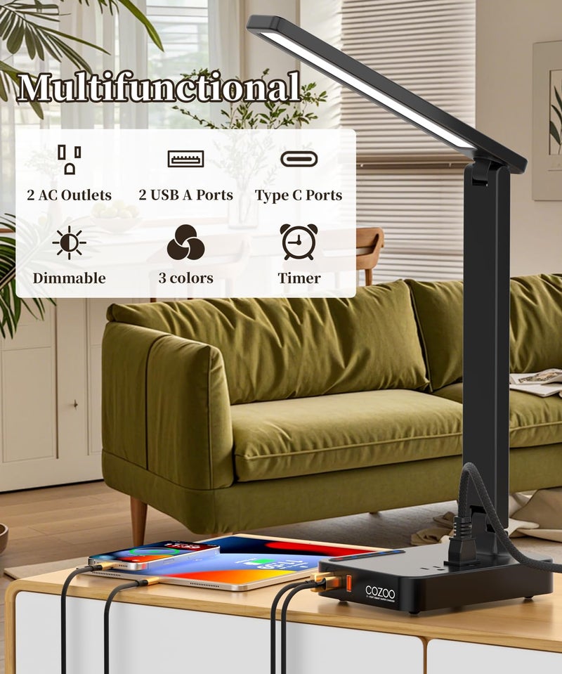 COZOO LED Desk Lamp with 3 USB Charging Ports,2 AC Outlet,3 Color Modes 3 Brightness Levels,Touch/Memory/Timer Function,Eye-Caring Home Office Foldable Natural Light Task Lamp for Reading,Study,Crafts - Image 5