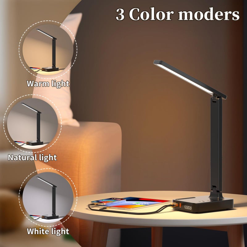 COZOO LED Desk Lamp with 3 USB Charging Ports,2 AC Outlet,3 Color Modes 3 Brightness Levels,Touch/Memory/Timer Function,Eye-Caring Home Office Foldable Natural Light Task Lamp for Reading,Study,Crafts - Image 3