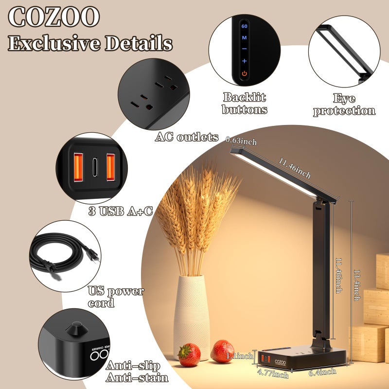 COZOO LED Desk Lamp with 3 USB Charging Ports,2 AC Outlet,3 Color Modes 3 Brightness Levels,Touch/Memory/Timer Function,Eye-Caring Home Office Foldable Natural Light Task Lamp for Reading,Study,Crafts - Image 2
