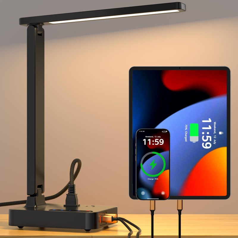 COZOO LED Desk Lamp with 3 USB Charging Ports,2 AC Outlet,3 Color Modes 3 Brightness Levels,Touch/Memory/Timer Function,Eye-Caring Home Office Foldable Natural Light Task Lamp for Reading,Study,Crafts - Image 1