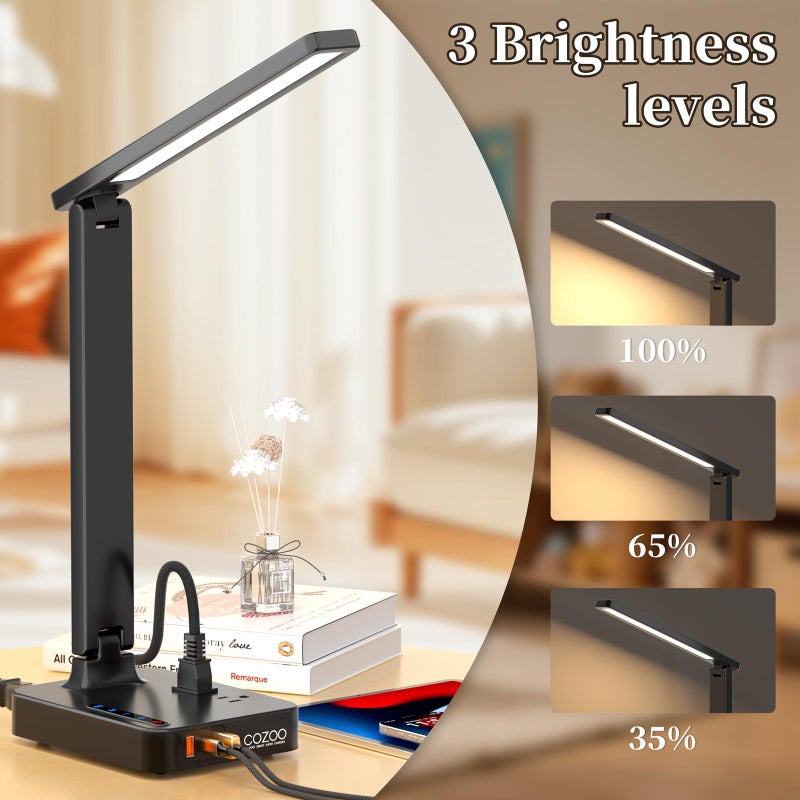 COZOO LED Desk Lamp with 3 USB Charging Ports,2 AC Outlet,3 Color Modes 3 Brightness Levels,Touch/Memory/Timer Function,Eye-Caring Home Office Foldable Natural Light Task Lamp for Reading,Study,Crafts - Image 4