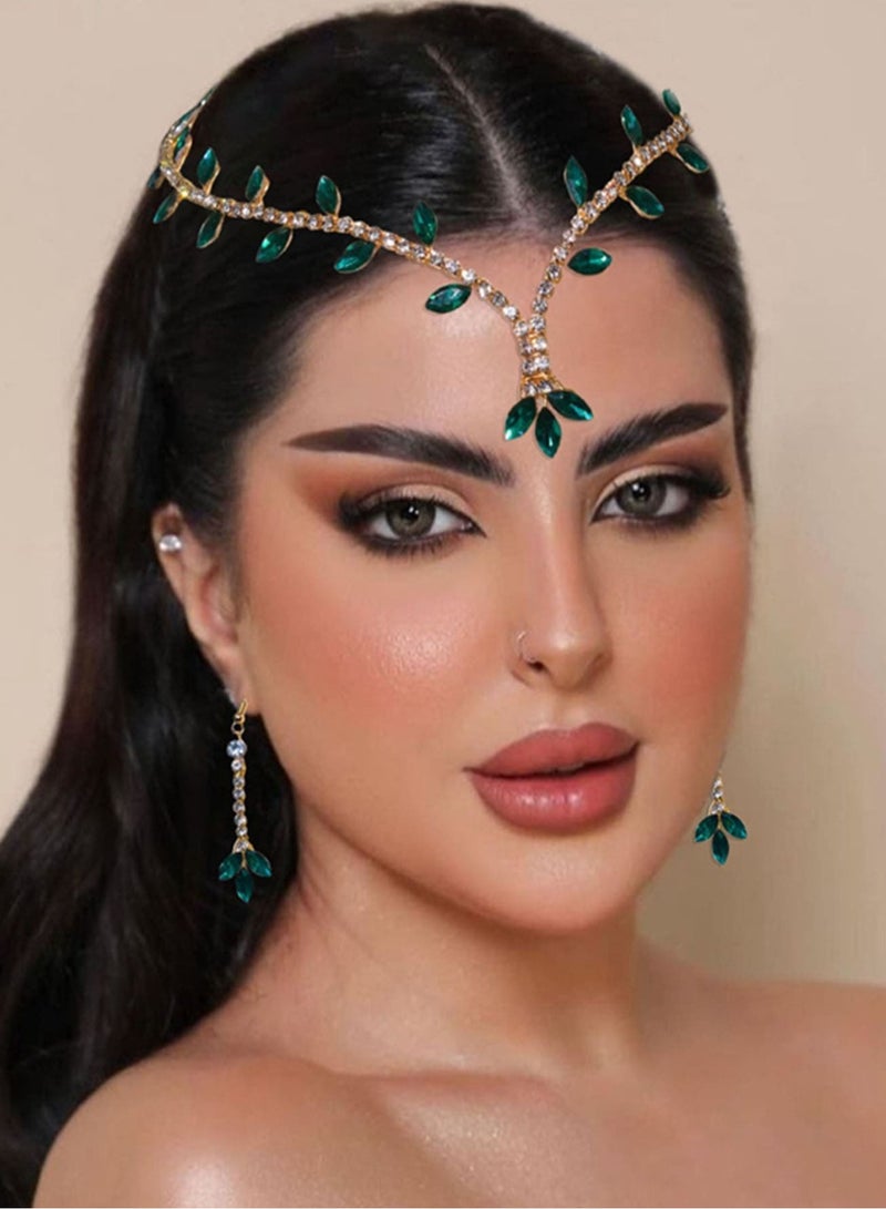 زينة اليوم الوطني طقم إكسسوارات نسائي فاخر مكون من سلسلة رأس وأقراط مرصعة بالكريستال الأخضر – إكسسوارات أنيقة للمناسبات والحفلات - Image 1