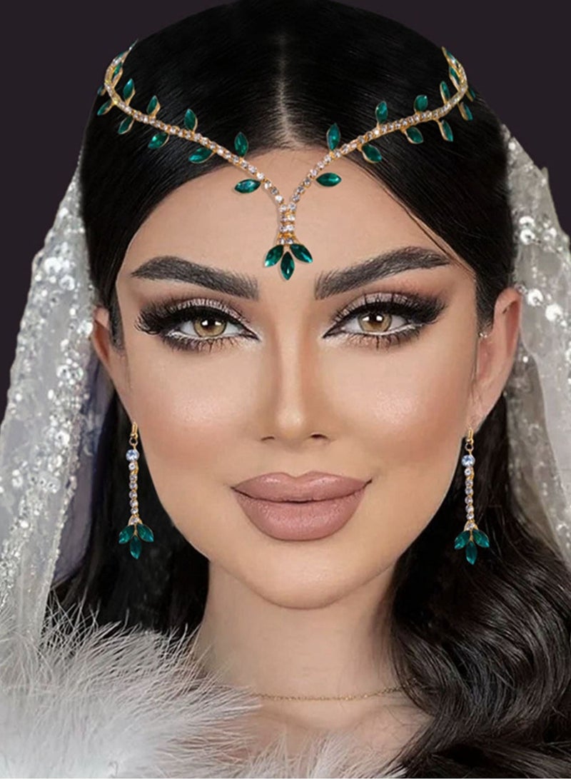 زينة اليوم الوطني طقم إكسسوارات نسائي فاخر مكون من سلسلة رأس وأقراط مرصعة بالكريستال الأخضر – إكسسوارات أنيقة للمناسبات والحفلات - Image 2