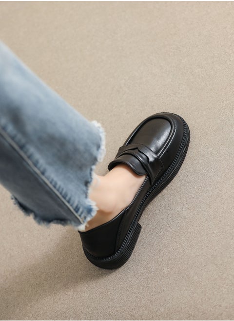 Solid Color Retro Small Leather Shoes College Style Soft Soles Black