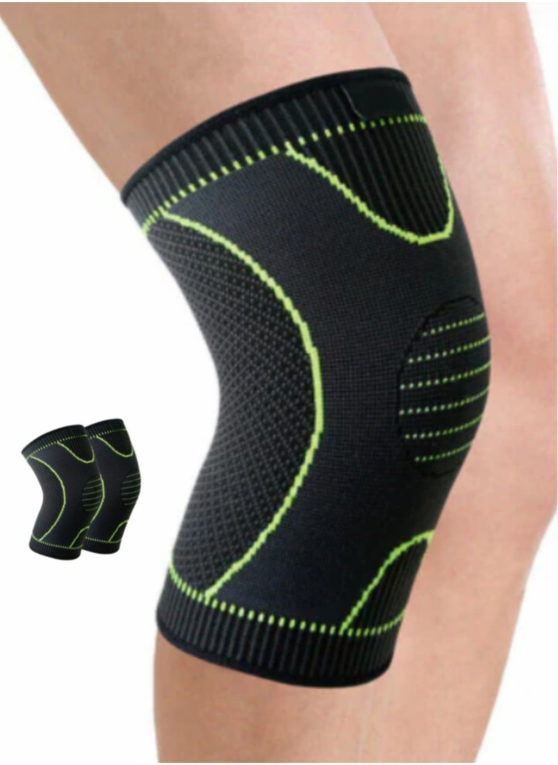 Generic Set of 2 | Universal Knee Support Brace | Black with Green Accents | 6.7" x 11.25" | Lightweight and Breathable | Spandex & Nylon Compression Sleeve for Joint Pain Relief, Exercise, Running, Arthritis, and Injury Recovery  - Image 1