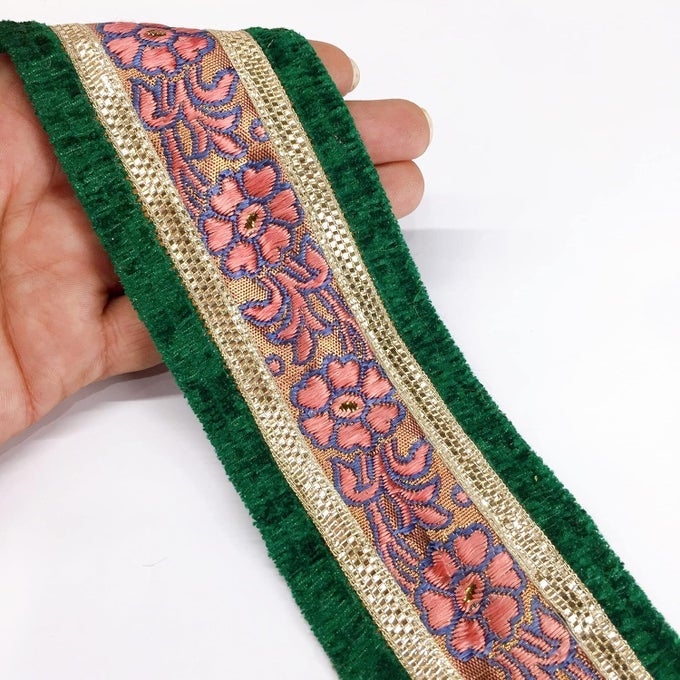9 METER PINK WORK & GREEN BORDER FLOWER DESIGN WEAVING WORK LACE WITH GOLDEN ZARI WORK, BANARASI SAREE LACE BORDER TRIM, BRIDAL LEHENGA DUPATTA SUIT ANARKALI, INDIAN FASHION ACCESSORIES