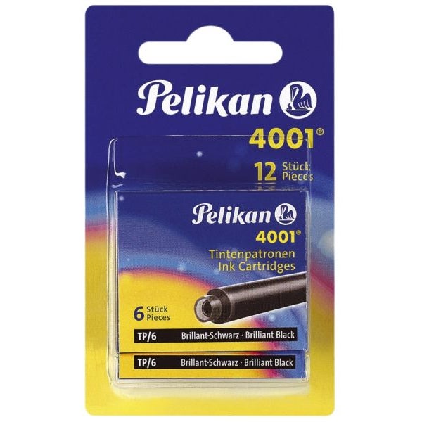 Pelikan 4001 TP/6 Fountain Pen Ink Cartridges, Standard Size Brilliant Black (Non-Erasable) – 12-Piece Blister Pack