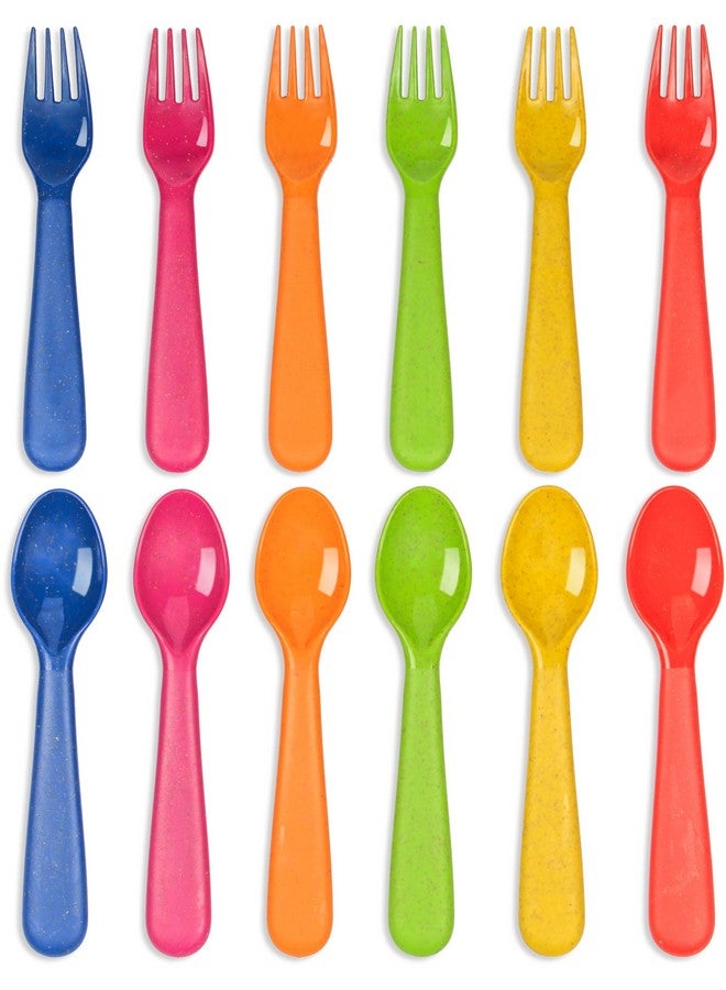 PLASKIDY Wheat Straw Toddler Utensils Set of 12 - Kids Forks and Kids Spoons BPA Free/Dishwasher Safe Kids Utensils Cutlery Set Brightly Colored Toddlers Silverware Set - Image 1