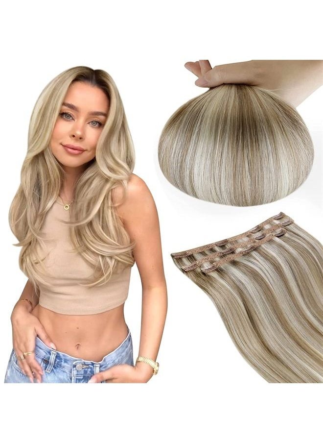 RUNATURE 10 Inch Clip in Hair Extensions Real Human Hair Platinum Blonde Highlighted Ash Brown Hair Extensions Clip in Remy Human Hair Natural Short Hair Clip in Extensions 50g 3pcs  - Image 1