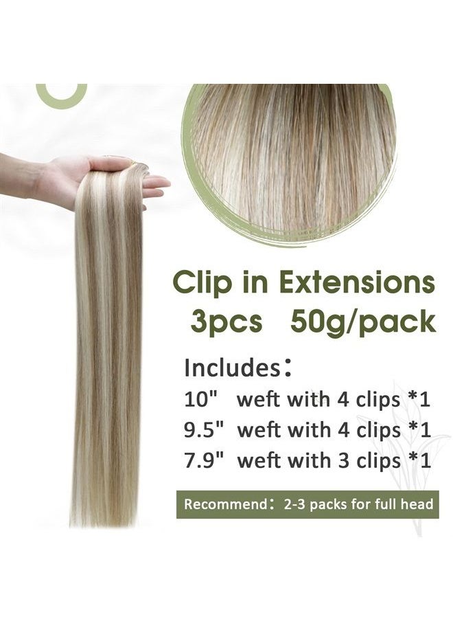 RUNATURE 10 Inch Clip in Hair Extensions Real Human Hair Platinum Blonde Highlighted Ash Brown Hair Extensions Clip in Remy Human Hair Natural Short Hair Clip in Extensions 50g 3pcs  - Image 3