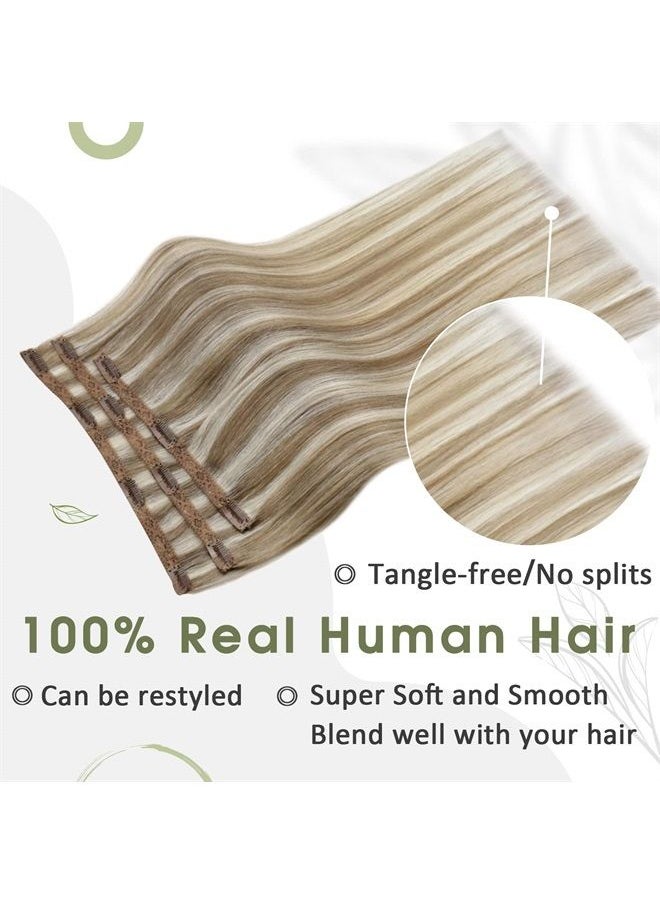 RUNATURE 10 Inch Clip in Hair Extensions Real Human Hair Platinum Blonde Highlighted Ash Brown Hair Extensions Clip in Remy Human Hair Natural Short Hair Clip in Extensions 50g 3pcs  - Image 4