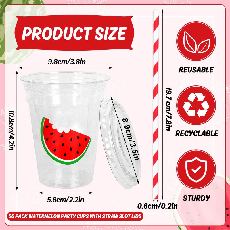 Whaline 50Pcs Watermelon Disposable Plastic Cups with Lids and Straws 12oz Party Cups Red Watermelon Cold Beverage Drinking Cups for Summer Fruit Birthday Party - Image 1