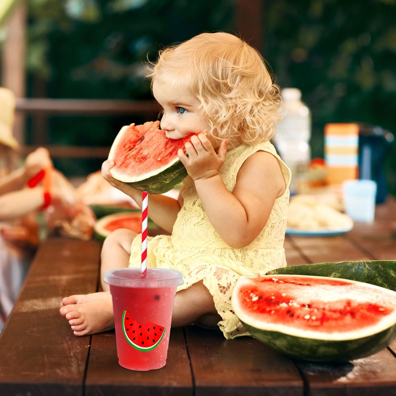 Whaline 50Pcs Watermelon Disposable Plastic Cups with Lids and Straws 12oz Party Cups Red Watermelon Cold Beverage Drinking Cups for Summer Fruit Birthday Party - Image 4